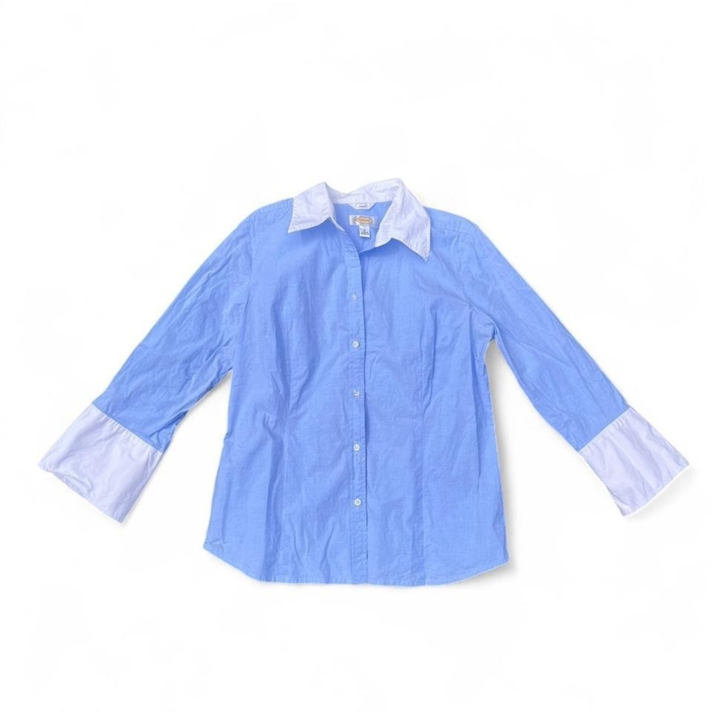 Vintage Talbots Blue Button Up Shirt White Collar Cuffs Preppy‎ Size M